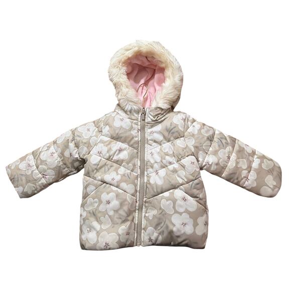Carter's Toddler Girls Tan & White Pink Floral Winter Coat Jacket Size 2T - Picture 1 of 3